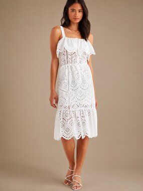 7 For All Mankind White Floral Eyelet Scalloped Ruffle Tiered Midi Dress